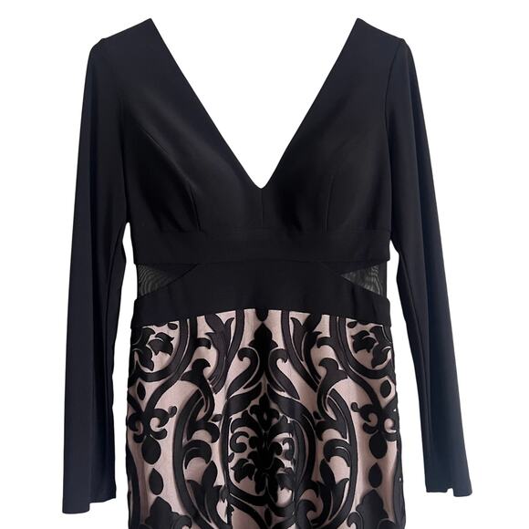 XSCAPE Black Lace Long Sleeve Formal Gown 8 Maxi Dress Sheer Waist Homecoming - Picture 2 of 8